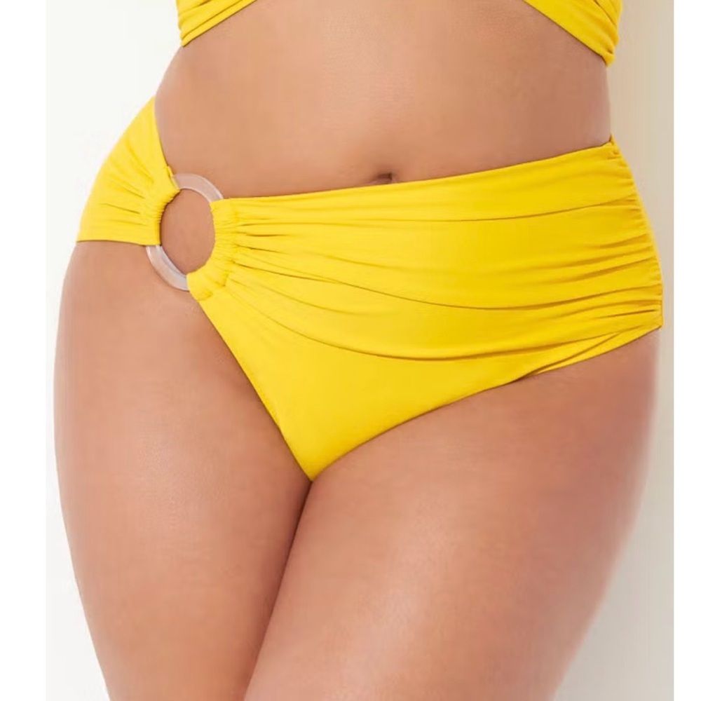 Swimsuits For All Bright Yellow High-Waist Bikini Bottom with Clear Ring